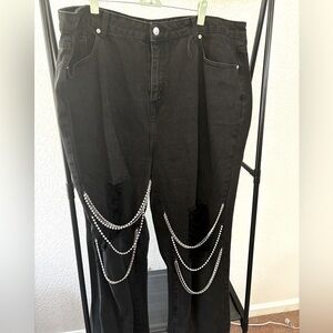 High-Waisted Black Distressed Jeans with Pearl and Gem Accents